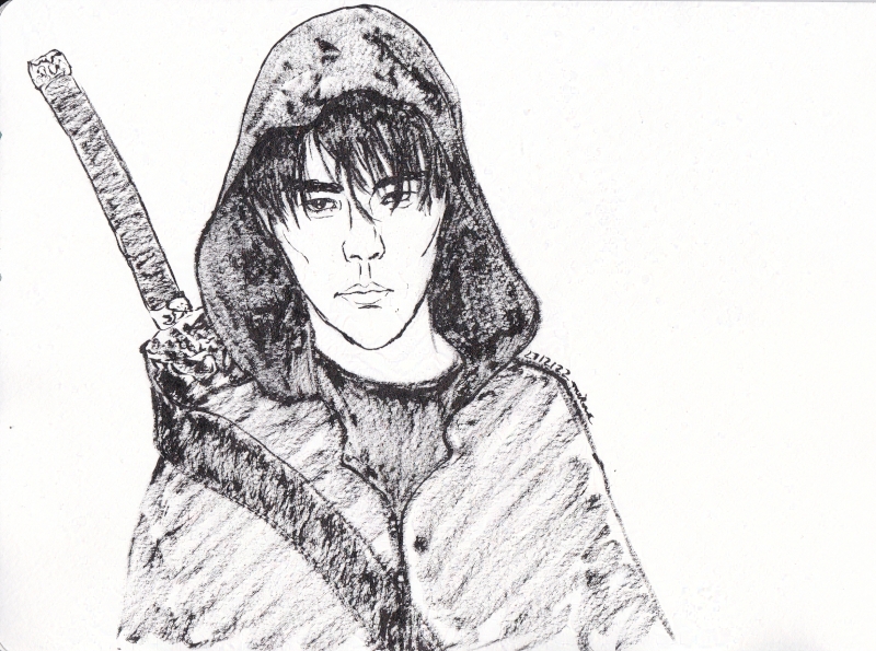 sketch of Zhang Qiling with his hood up and sword on his back, looking serious through his bangs